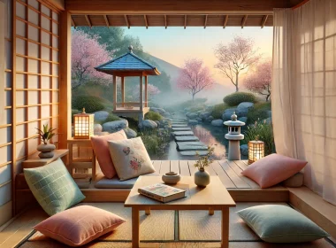 Une scène sereine et accueillante comprenant un coin lecture confortable avec vue sur un jardin japonais traditionnel à l'aube