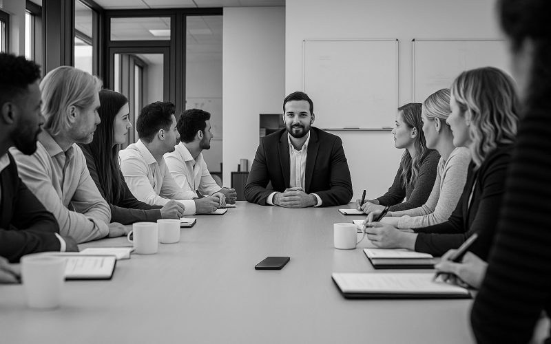 Équipe en réunion autour d'une table avec un enregistreur vocal IA pour la prise de notes – Fanamag