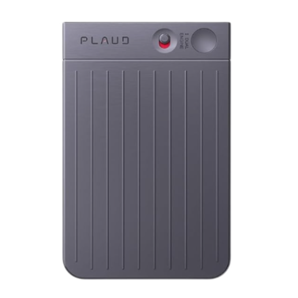 Enregistreur vocal IA PLAUD Note vu de face – design élégant en aluminium avec bouton rouge d’enregistrement