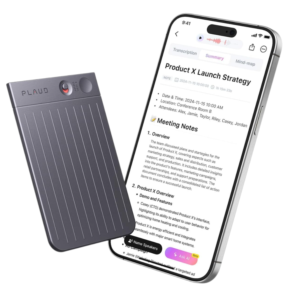 PLAUD Note avec application mobile iOS affichant une transcription et un résumé de réunion automatisés – technologie IA intégrée