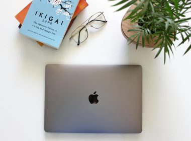 Livre Ikigai posé sur un bureau avec un MacBook et une plante verte