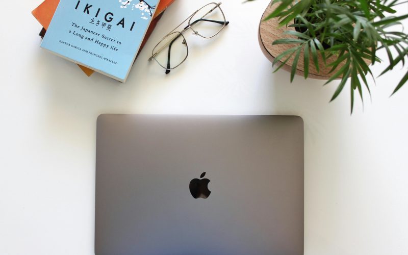 Livre Ikigai posé sur un bureau avec un MacBook et une plante verte