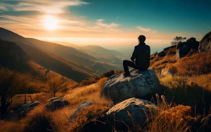 Personne assise sur un rocher face au coucher de soleil, illustrant la quête de sens et le développement personnel