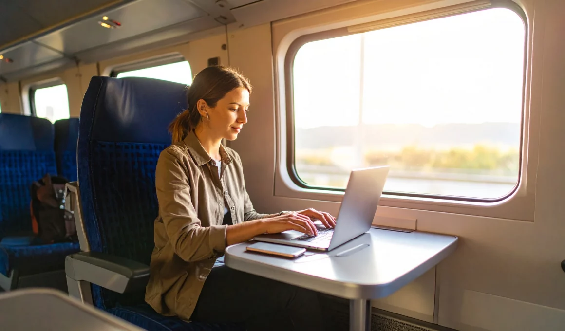 Femme utilisant un MacBook Air M4 dans un train, parfait pour travailler en mobilité