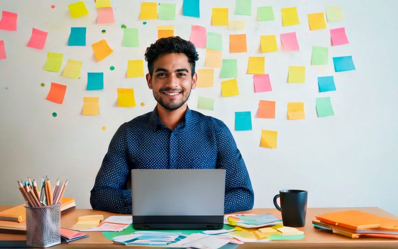 Illustration d’un entrepreneur utilisant un ordinateur pour organiser ses micro-tâches selon la méthode du task snacking.