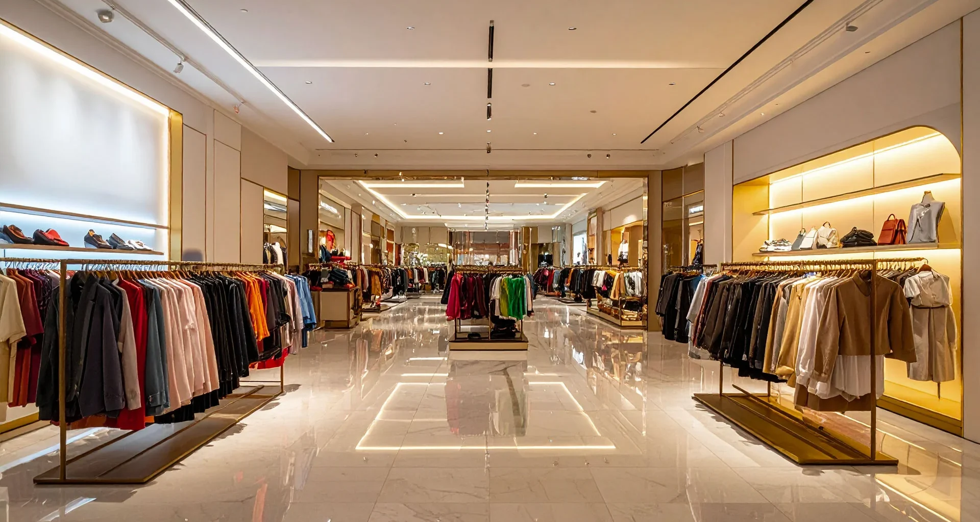 Intérieur d’un grand magasin parisien présentant différents exposants de mode