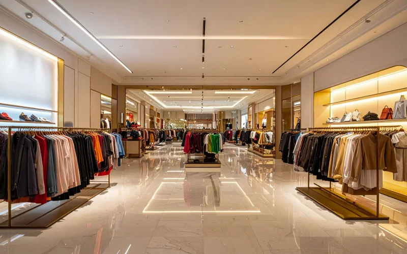 Intérieur d’un grand magasin parisien présentant différents exposants de mode