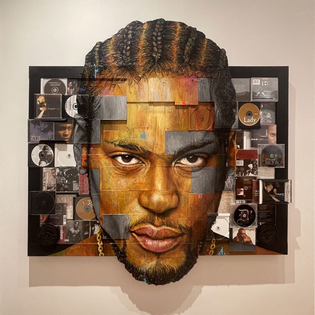 Portrait de D’Angelo par Yann Couedor en collage et peinture avec références musicales