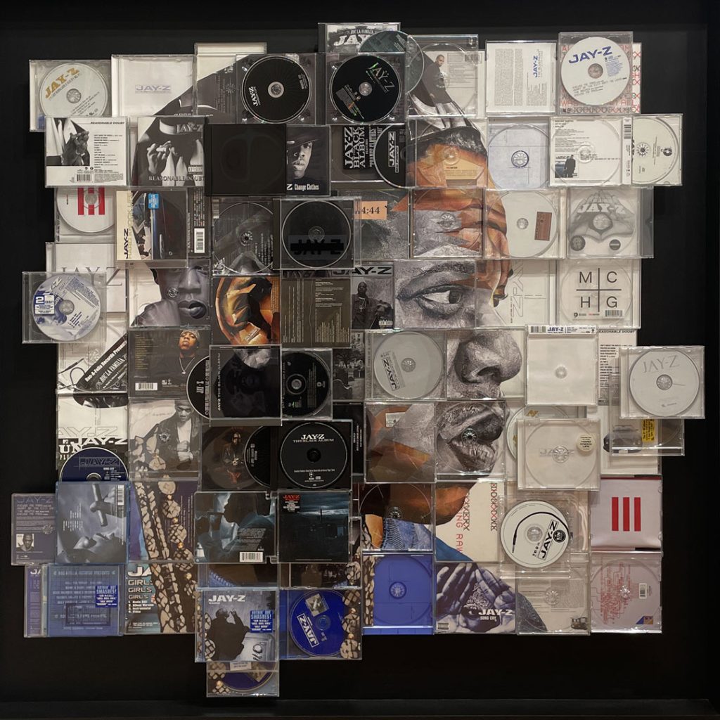 Portrait de Jay-Z en collage de CD par Yann Couedor avec composition graphique musicale