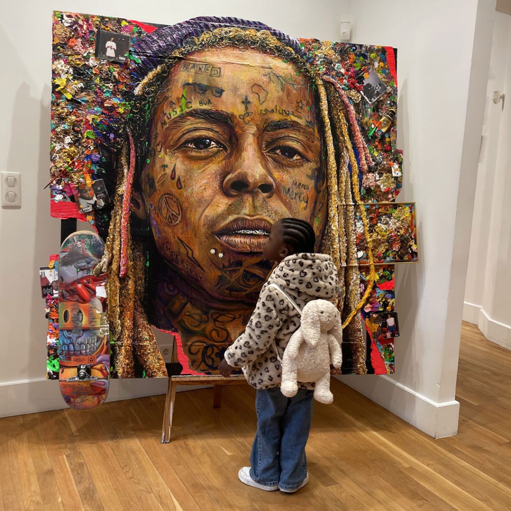 Portrait de Lil Wayne par Yann Couedor en technique mixte avec collage et textures urbaines