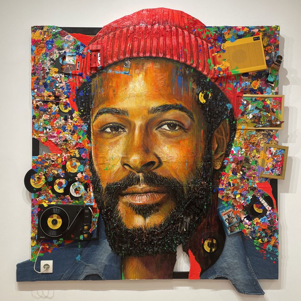 Portrait artistique de Marvin Gaye par Yann Couedor en collage et peinture avec vinyles et textures colorées